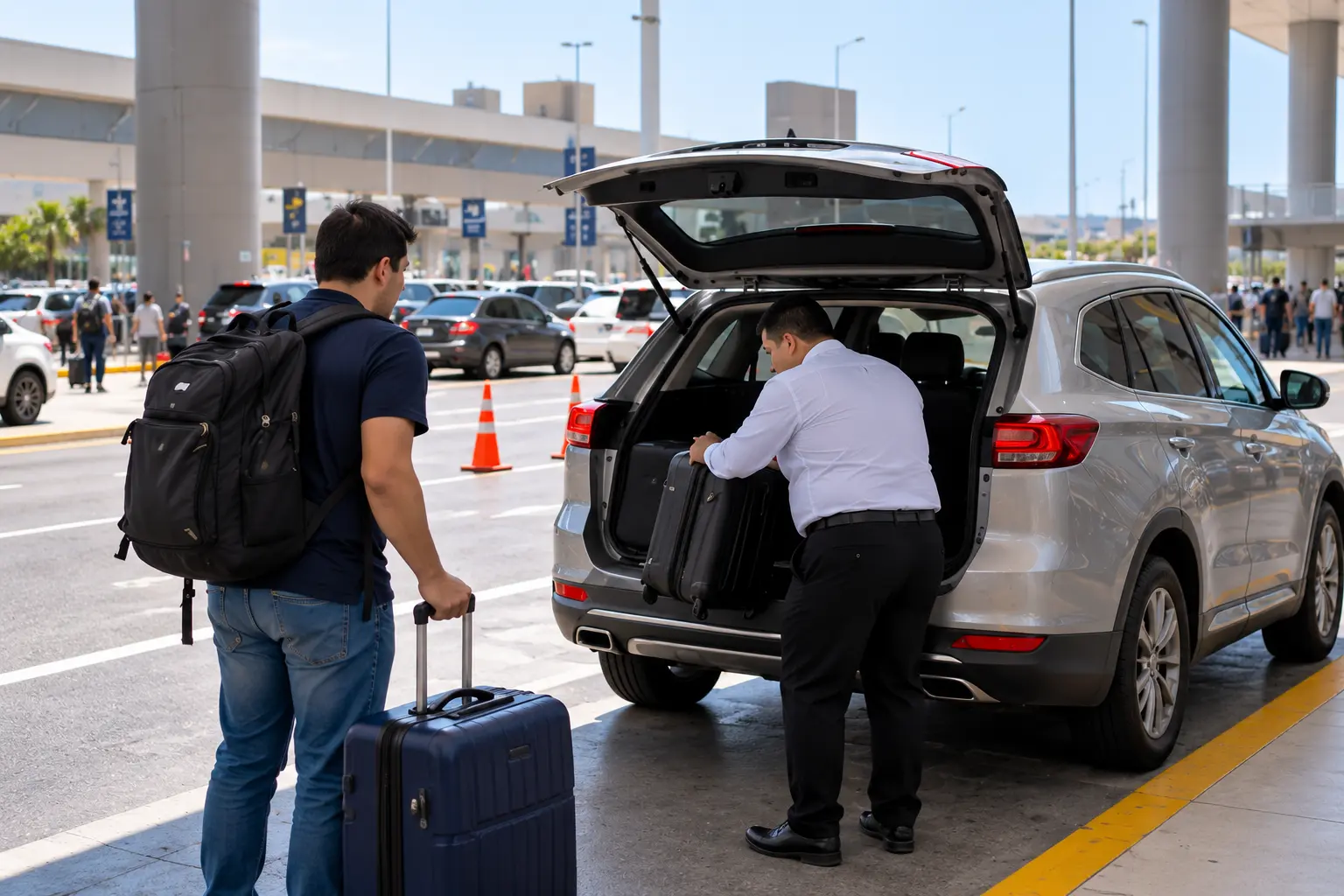 Private driver loading a traveler's suitcase into an SUV at Lima airport