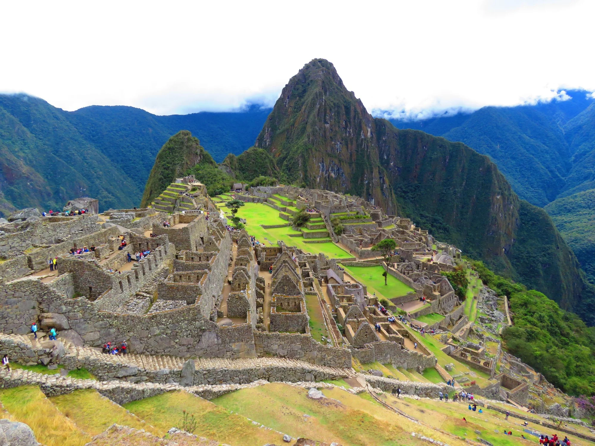Machu Picchu citadel and its terraces with Huayna Picchu behind, Peru