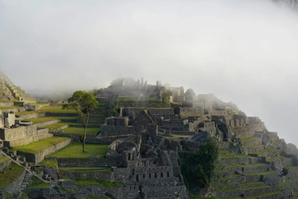 Machu Picchu citadel in early morning mist