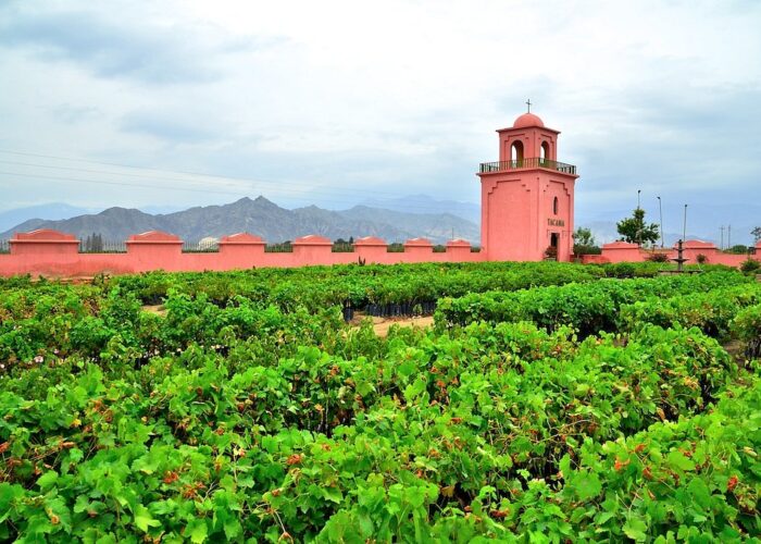 Campanario colonial de la bodega Tacama en el valle de Ica