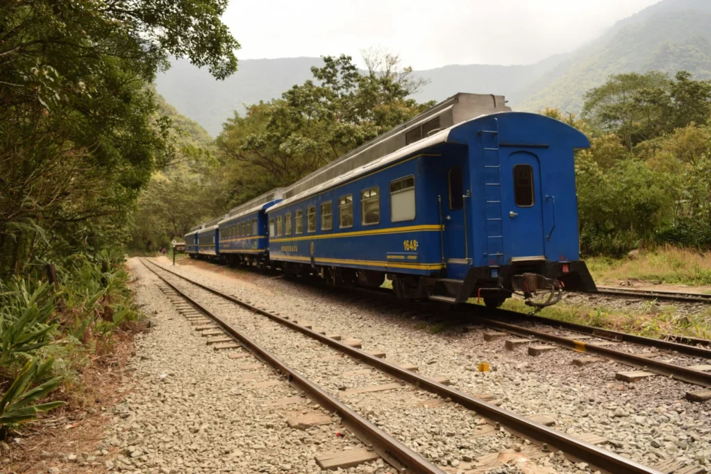 PeruRail train on the tracks near Aguas Calientes